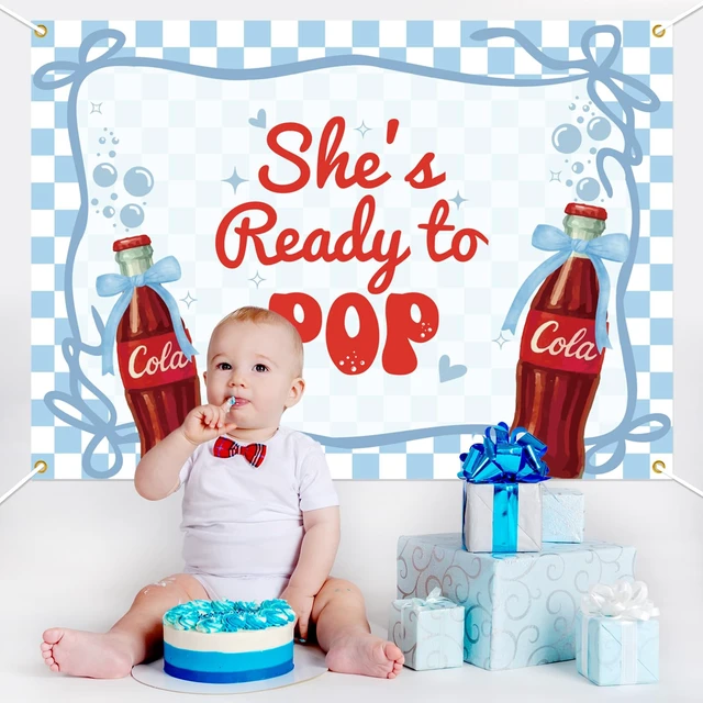 Alt view image 6 of 6 - She's Ready to Pop Backdrop - Retro Soda Fountain Baby Shower Decor, Red Coquette Soda Theme Gender Reveal Party Decorations 7x5ft Blue