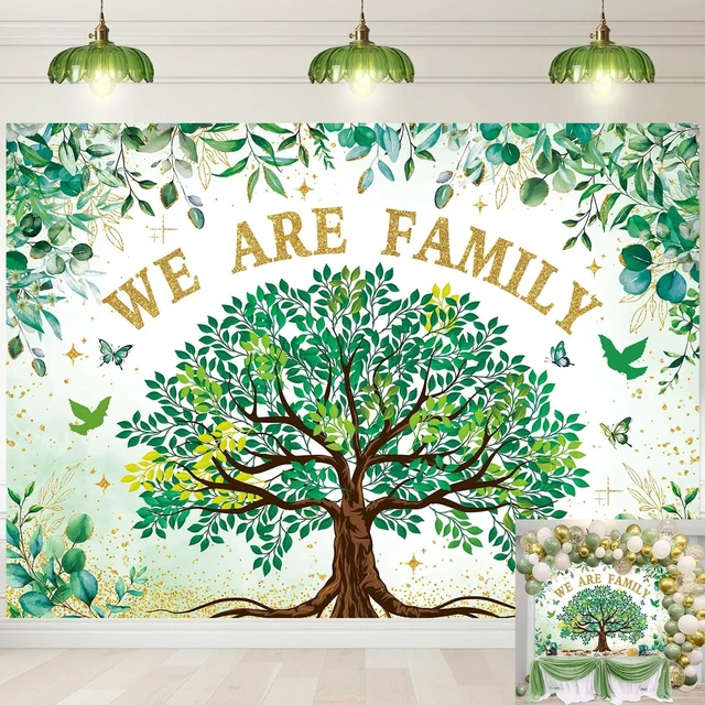 Main image of We are Family Banner Backdrop 7x5FT Green Gold Eucalyptus Leaves Family Reunion Photography Background Welcome to Our Family Members Gathering Party Decorations Photo Props
