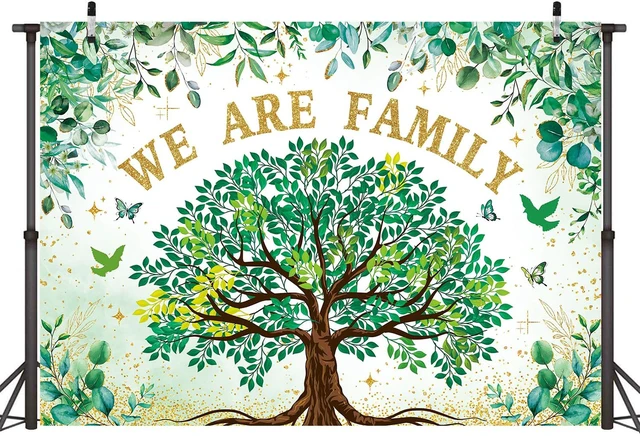 Alt view image 2 of 7 - We are Family Banner Backdrop 7x5FT Green Gold Eucalyptus Leaves Family Reunion Photography Background Welcome to Our Family Members Gathering Party Decorations Photo Props