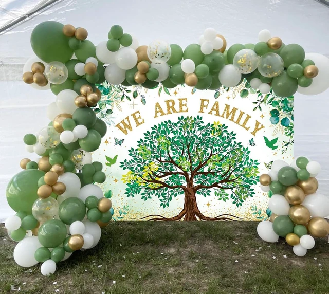 Alt view image 3 of 7 - We are Family Banner Backdrop 7x5FT Green Gold Eucalyptus Leaves Family Reunion Photography Background Welcome to Our Family Members Gathering Party Decorations Photo Props