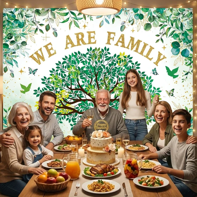 Alt view image 4 of 7 - We are Family Banner Backdrop 7x5FT Green Gold Eucalyptus Leaves Family Reunion Photography Background Welcome to Our Family Members Gathering Party Decorations Photo Props