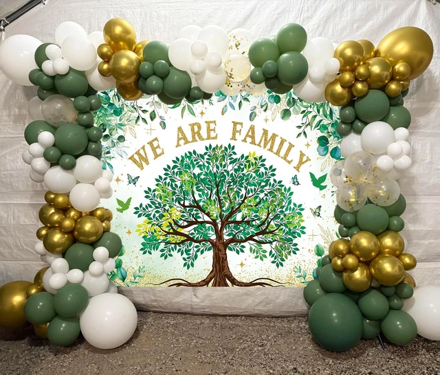 Alt view image 5 of 7 - We are Family Banner Backdrop 7x5FT Green Gold Eucalyptus Leaves Family Reunion Photography Background Welcome to Our Family Members Gathering Party Decorations Photo Props
