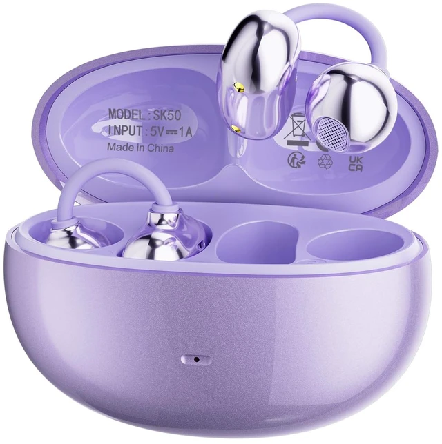 Main image of Open Ear Clip-On Earbuds, Wireless Bluetooth Ear Cuff Headphones with Charging Case, Lightweight Open-Ear Earbuds with Smart Touch Control for Women, Small Ears, Sports, Work, Travel,Purple