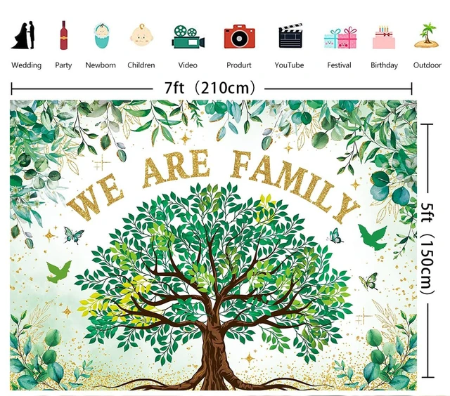 Alt view image 6 of 7 - We are Family Banner Backdrop 7x5FT Green Gold Eucalyptus Leaves Family Reunion Photography Background Welcome to Our Family Members Gathering Party Decorations Photo Props