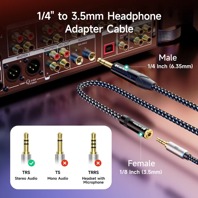 Alt view image 2 of 6 - 6.35mm to 3.5mm Headphone Adapter, 10ft 1/4 Male to 1/8 Female, 3.5mm to 1/4 Adapter, Amp to Headphone Converter, Black