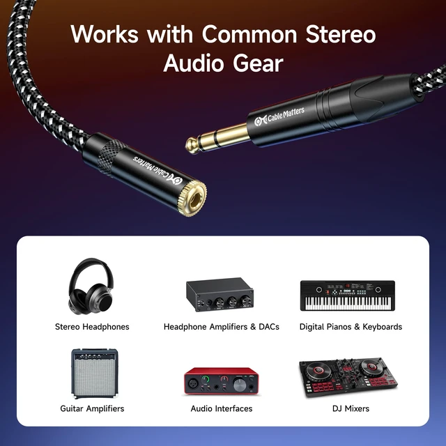Alt view image 5 of 6 - 6.35mm to 3.5mm Headphone Adapter, 10ft 1/4 Male to 1/8 Female, 3.5mm to 1/4 Adapter, Amp to Headphone Converter, Black