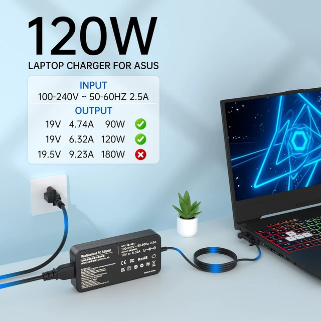 Alt view image 3 of 7 - 120W for Asus Laptop Charger 4.5x3.0MM Tip Fit for Zenbook Flip Vivobook Compatible with Asus Zenbook Flip 15 Q528 Q528E Q537F Q537FD Q538E UX550VE,VivoBook Pro 17 N705UDEH76 Pro 15 N552VW N580GD