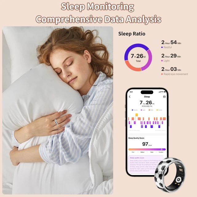 Alt view image 4 of 7 - Soccer Smart Ring for Men Women Sleep Health Tracker Gesture Control (8) Soccer style smart ring with HR/SpO2/sleep/HRV tracking, 128 sports modes, IP68 waterproof, gesture camera, no sub fee