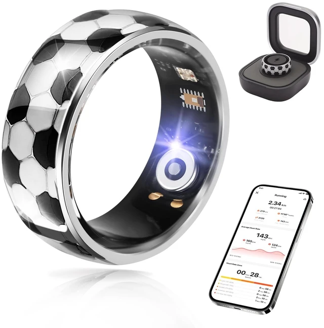 Main image of Soccer Smart Ring for Men Women Sleep Health Tracker Gesture Control (8) Soccer style smart ring with HR/SpO2/sleep/HRV tracking, 128 sports modes, IP68 waterproof, gesture camera, no sub fee