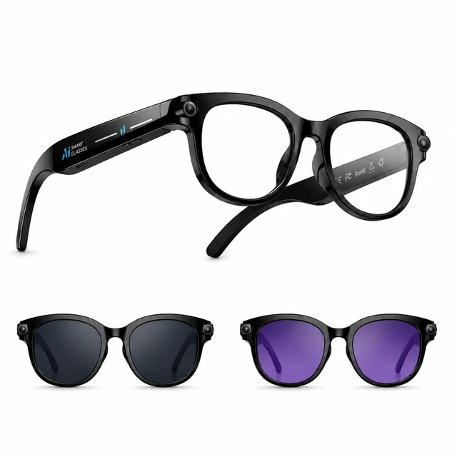 Main image of AI Glasses with Camera, 8MP & 4K Video, Camera Glasses for Men Women Object Recognition, Real-Time Translation, Open-Ear Audio, Bluetooth Calling & Smart AI Features, Black, 3 Lenses