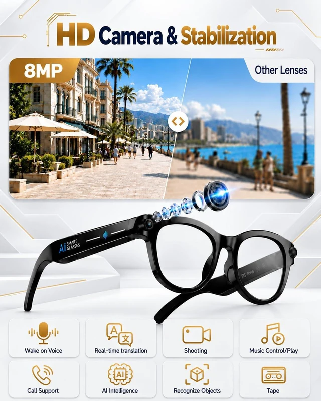 Alt view image 2 of 7 - AI Glasses with Camera, 8MP & 4K Video, Camera Glasses for Men Women Object Recognition, Real-Time Translation, Open-Ear Audio, Bluetooth Calling & Smart AI Features, Black, 3 Lenses