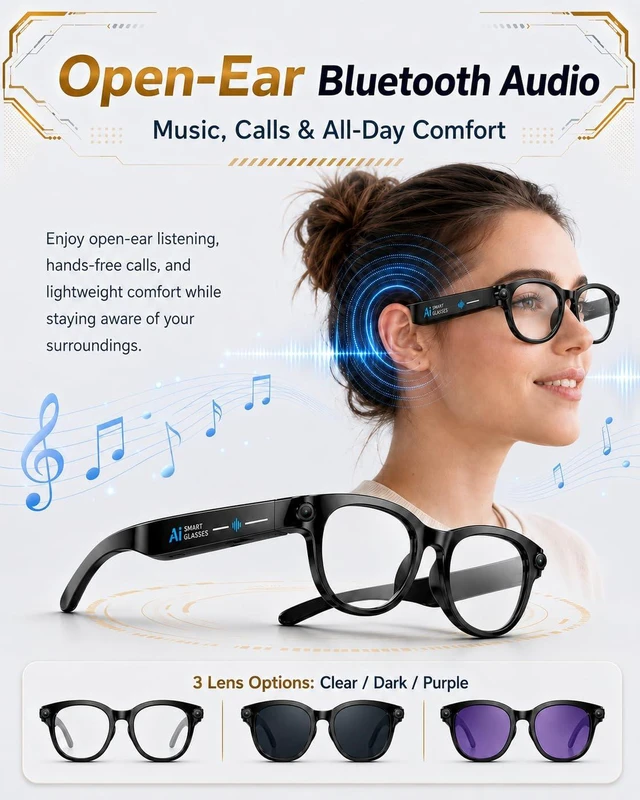 Alt view image 5 of 7 - AI Glasses with Camera, 8MP & 4K Video, Camera Glasses for Men Women Object Recognition, Real-Time Translation, Open-Ear Audio, Bluetooth Calling & Smart AI Features, Black, 3 Lenses