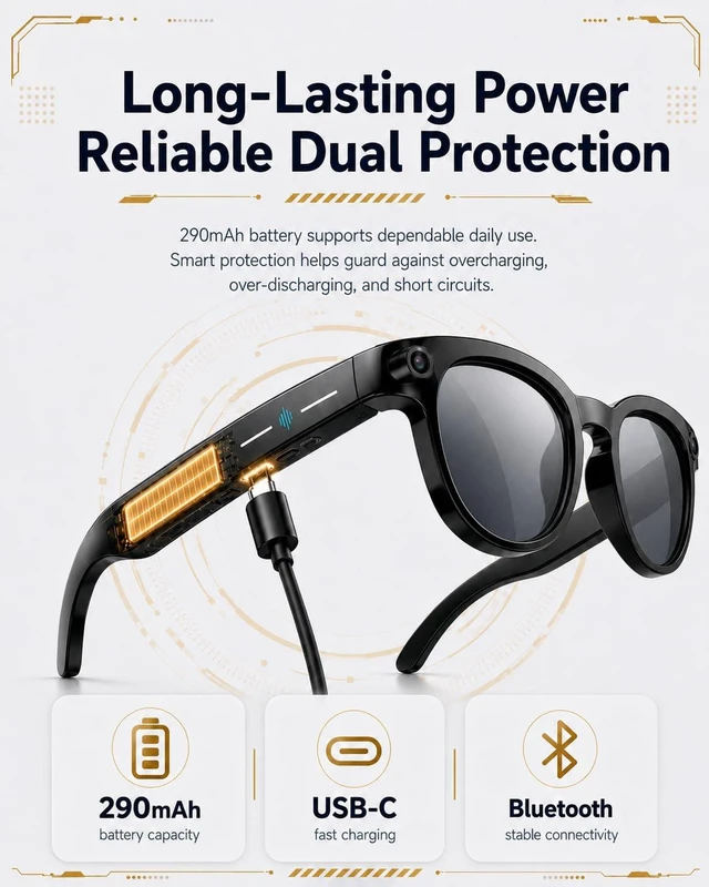 Alt view image 6 of 7 - AI Glasses with Camera, 8MP & 4K Video, Camera Glasses for Men Women Object Recognition, Real-Time Translation, Open-Ear Audio, Bluetooth Calling & Smart AI Features, Black, 3 Lenses