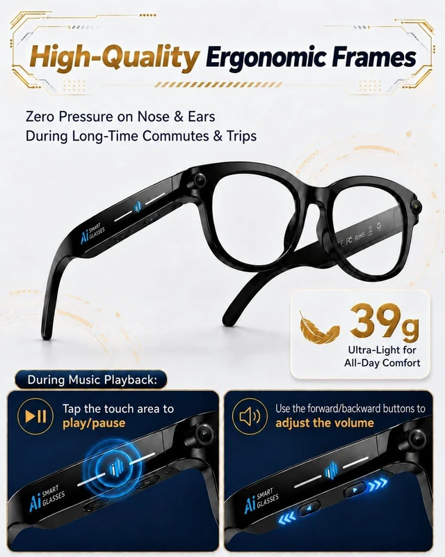 Alt view image 7 of 7 - AI Glasses with Camera, 8MP & 4K Video, Camera Glasses for Men Women Object Recognition, Real-Time Translation, Open-Ear Audio, Bluetooth Calling & Smart AI Features, Black, 3 Lenses