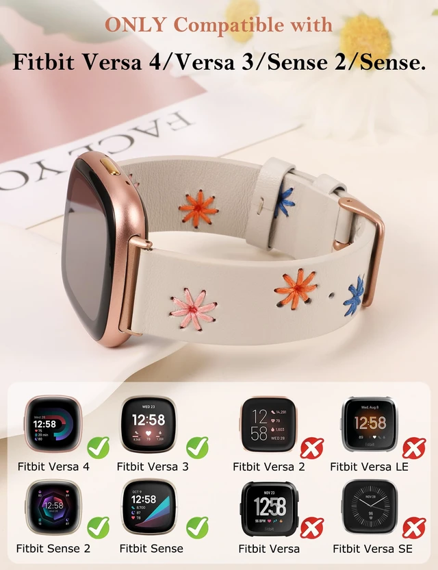 Alt view image 3 of 6 - Leather Band Compatible with Fitbit Versa 4/Versa 3/Sense 2/Sense Band Women, Boho Cute Colorful Daisy Vibrant Floral Handmade Stitched Fancy Soft Leather Strap for Versa 3 4 Sense 2