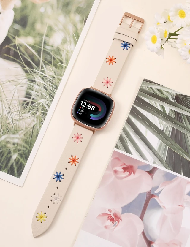 Alt view image 4 of 6 - Leather Band Compatible with Fitbit Versa 4/Versa 3/Sense 2/Sense Band Women, Boho Cute Colorful Daisy Vibrant Floral Handmade Stitched Fancy Soft Leather Strap for Versa 3 4 Sense 2