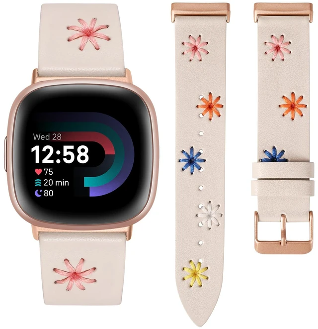 Main image of Leather Band Compatible with Fitbit Versa 4/Versa 3/Sense 2/Sense Band Women, Boho Cute Colorful Daisy Vibrant Floral Handmade Stitched Fancy Soft Leather Strap for Versa 3 4 Sense 2