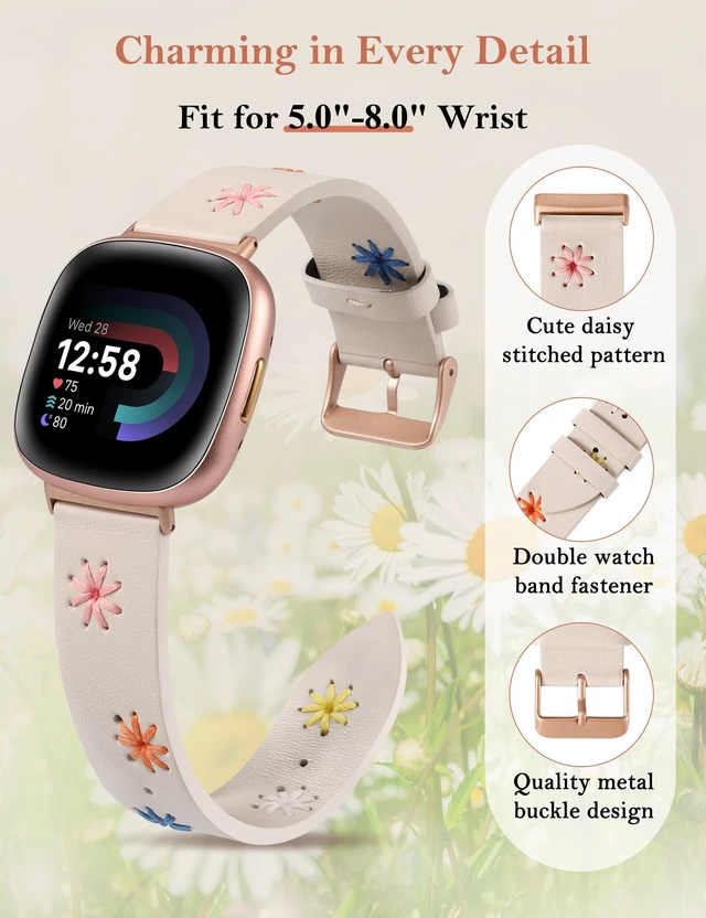 Alt view image 2 of 6 - Leather Band Compatible with Fitbit Versa 4/Versa 3/Sense 2/Sense Band Women, Boho Cute Colorful Daisy Vibrant Floral Handmade Stitched Fancy Soft Leather Strap for Versa 3 4 Sense 2