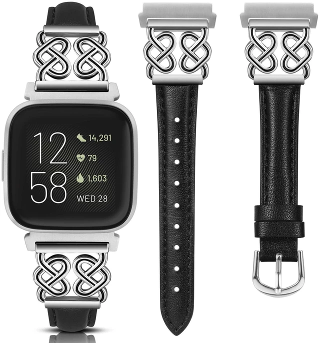 Main image of Leather Band Compatible with Fitbit Versa 2/1/Lite Bands Women, Dressy Slim Premium Leather Strap with Designer Celtic Heart Knot Buckle for Versa 2 Smartwatch Accessories