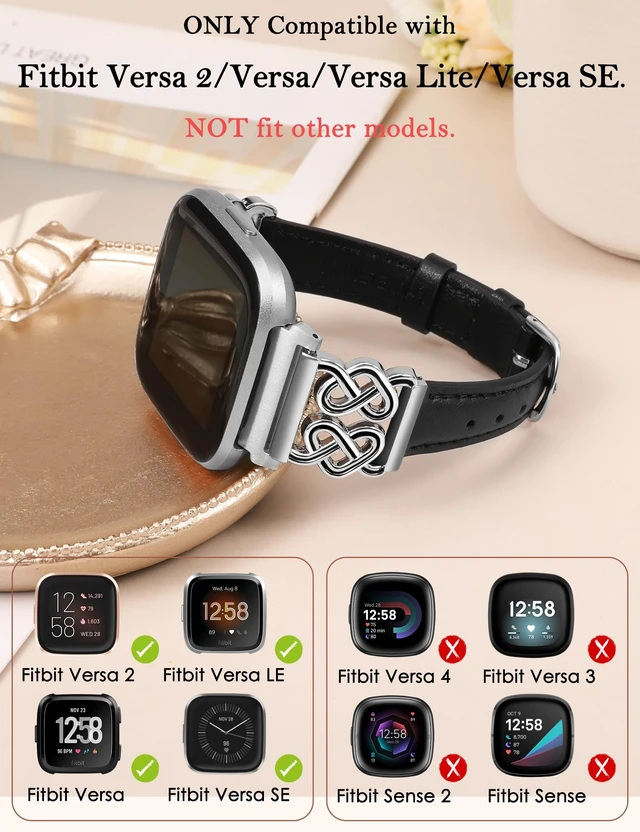 Alt view image 2 of 6 - Leather Band Compatible with Fitbit Versa 2/1/Lite Bands Women, Dressy Slim Premium Leather Strap with Designer Celtic Heart Knot Buckle for Versa 2 Smartwatch Accessories