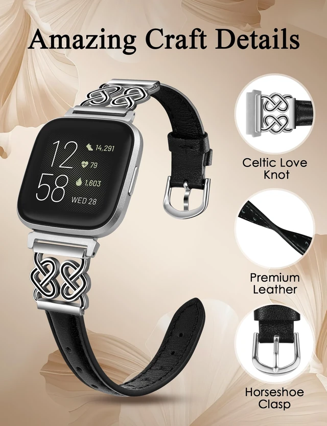 Alt view image 3 of 6 - Leather Band Compatible with Fitbit Versa 2/1/Lite Bands Women, Dressy Slim Premium Leather Strap with Designer Celtic Heart Knot Buckle for Versa 2 Smartwatch Accessories