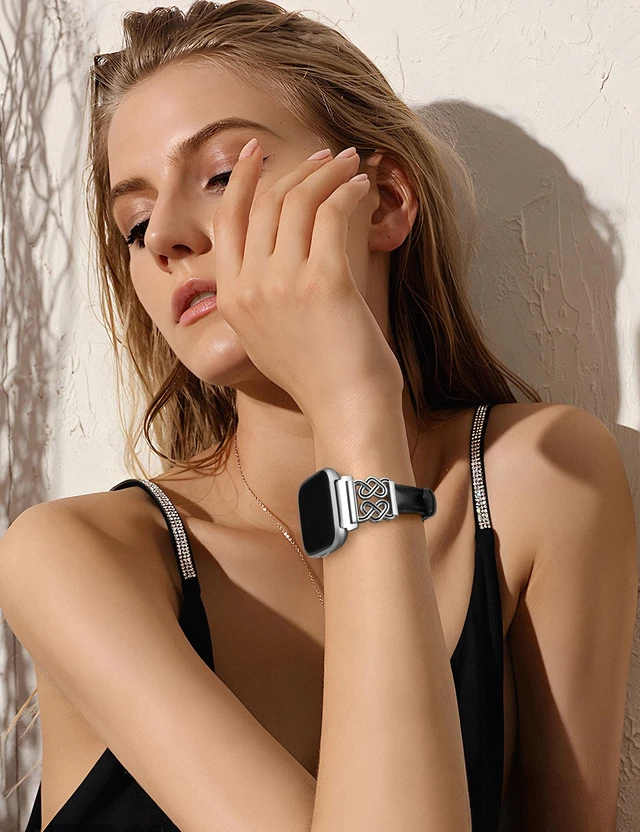 Alt view image 5 of 6 - Leather Band Compatible with Fitbit Versa 2/1/Lite Bands Women, Dressy Slim Premium Leather Strap with Designer Celtic Heart Knot Buckle for Versa 2 Smartwatch Accessories