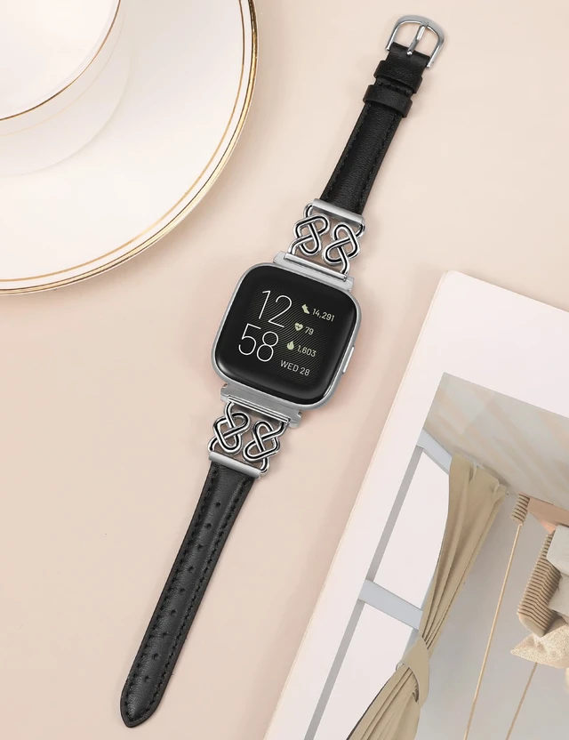 Alt view image 4 of 6 - Leather Band Compatible with Fitbit Versa 2/1/Lite Bands Women, Dressy Slim Premium Leather Strap with Designer Celtic Heart Knot Buckle for Versa 2 Smartwatch Accessories