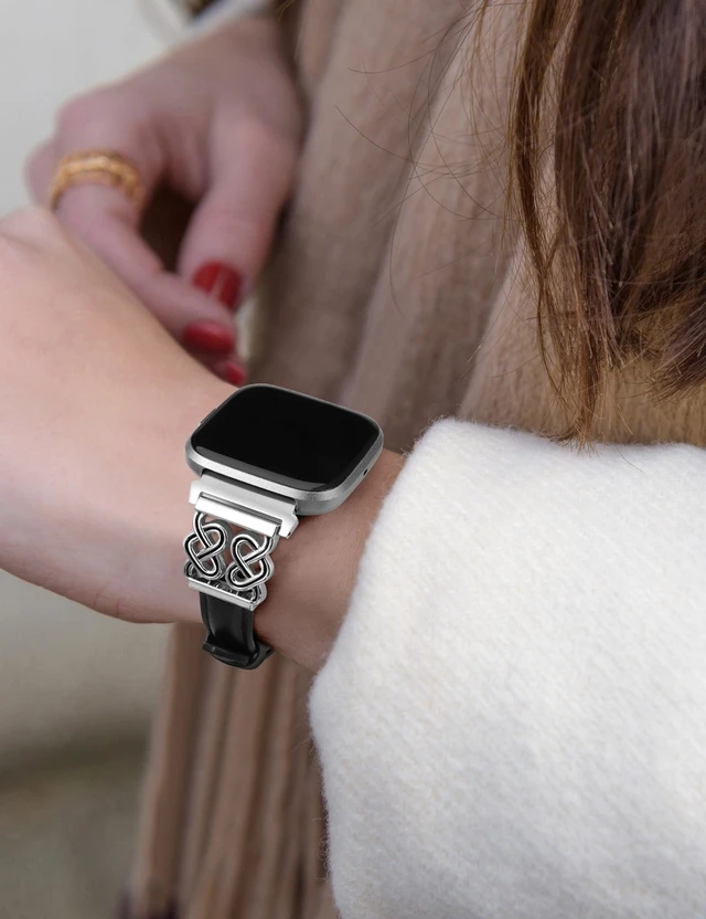 Alt view image 6 of 6 - Leather Band Compatible with Fitbit Versa 2/1/Lite Bands Women, Dressy Slim Premium Leather Strap with Designer Celtic Heart Knot Buckle for Versa 2 Smartwatch Accessories