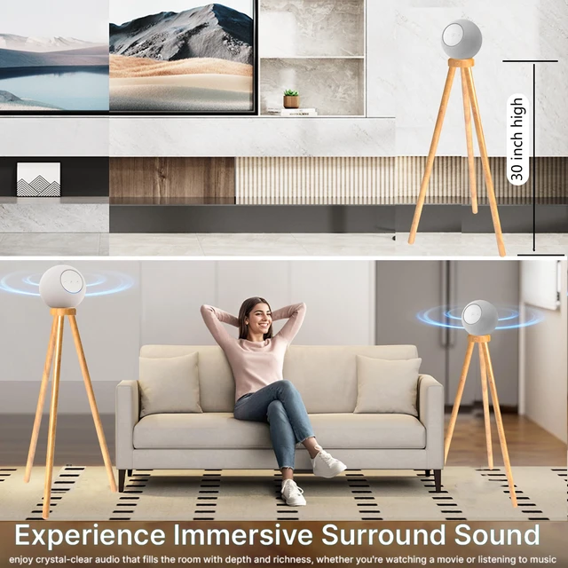 Alt view image 6 of 7 - Wood Tripod Stand for Echo Studio (2025 new Studio),SONOS Era100 and SONOS Era100sl,Enhance Sound Quality While Decorating Your Home (Beech)
