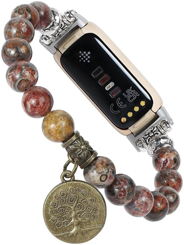 Main image of Compatible with Fitbit Luxe Band Agate Natural Gemstone Beads Boho Bracelet for Women Energy Stones Healing Crystal Chakra Tree of Life Orangestone 6"-6½"
