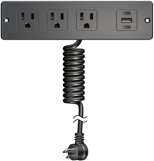 Main image of Recessed Furniture Drawer Outlet with 3 Fast-Charging USB Ports & 3 AC Outlets 5 FT Spring Cord- (Black)