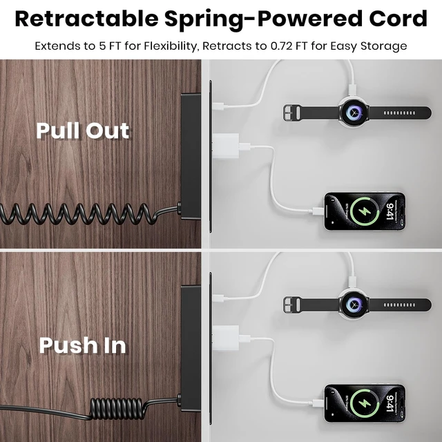 Alt view image 4 of 7 - Recessed Furniture Drawer Outlet with 3 Fast-Charging USB Ports & 3 AC Outlets 5 FT Spring Cord- (Black)