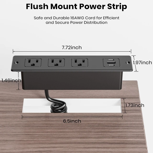 Alt view image 6 of 7 - Recessed Furniture Drawer Outlet with 3 Fast-Charging USB Ports & 3 AC Outlets 5 FT Spring Cord- (Black)