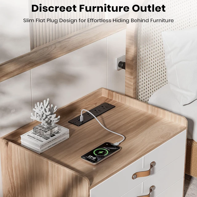 Alt view image 7 of 7 - Recessed Furniture Drawer Outlet with 3 Fast-Charging USB Ports & 3 AC Outlets 5 FT Spring Cord- (Black)