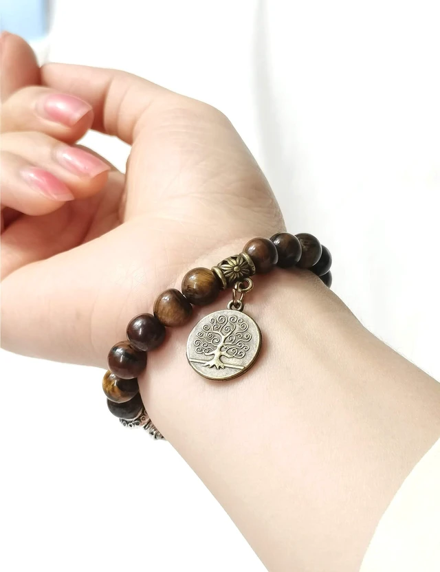 Alt view image 5 of 7 - Compatible with Fitbit Luxe Band Agate Natural Gemstone Beads Boho Bracelet for Women Energy Stones Healing Crystal Chakra Tree of Life yellowstone 6"-6½"