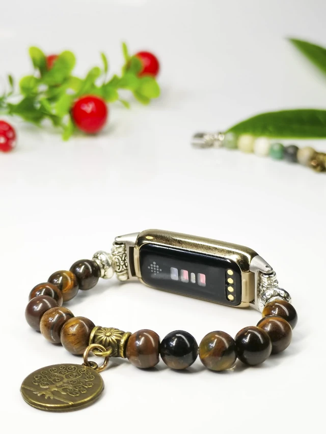 Alt view image 6 of 7 - Compatible with Fitbit Luxe Band Agate Natural Gemstone Beads Boho Bracelet for Women Energy Stones Healing Crystal Chakra Tree of Life yellowstone 6"-6½"