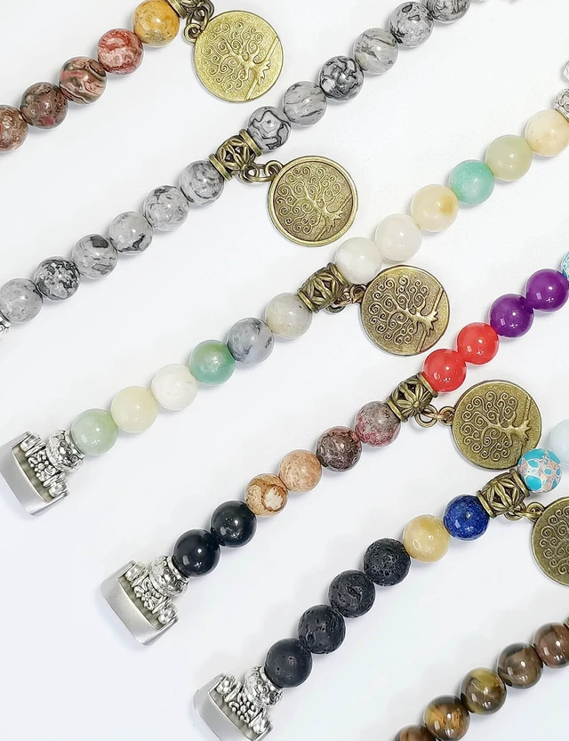 Alt view image 7 of 7 - Compatible with Fitbit Luxe Band Agate Natural Gemstone Beads Boho Bracelet for Women Energy Stones Healing Crystal Chakra Tree of Life Obsidian 6"-6½"