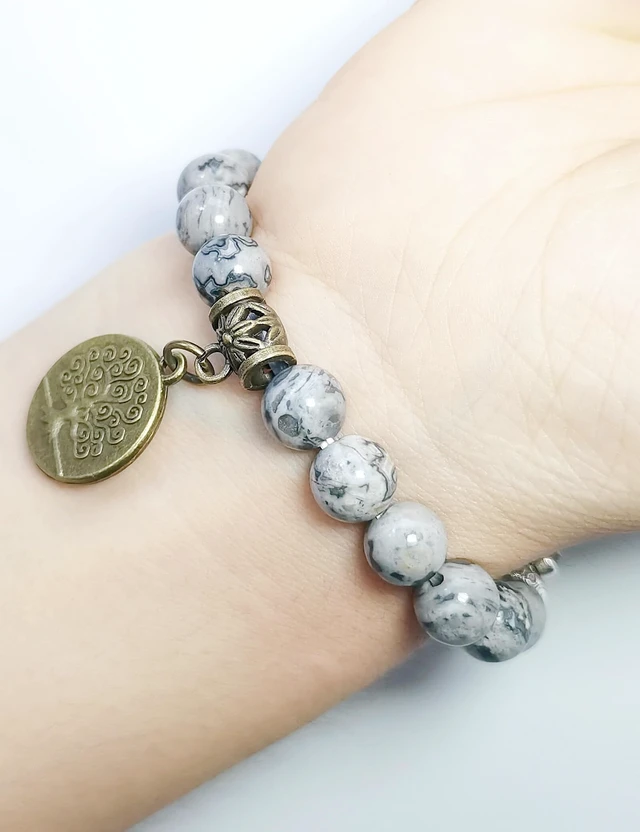 Alt view image 6 of 7 - Compatible with Fitbit Luxe Band Agate Natural Gemstone Beads Boho Bracelet for Women Energy Stones Healing Crystal Chakra Tree of Life Mapstone 5½"-6"