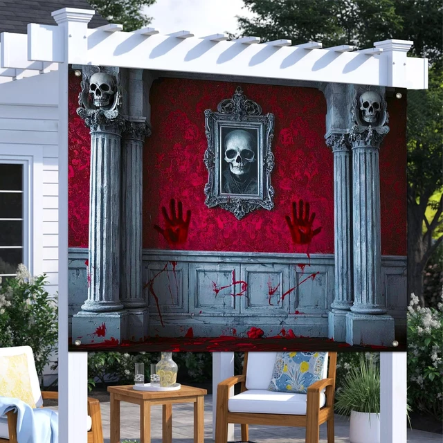 Alt view image 5 of 7 - Halloween Backdrop Haunted House Moon Scene 8x6ft Halloween Party Backdrop with Haunted House for Indoor Outdoor Photo Booth and Wall Decoration