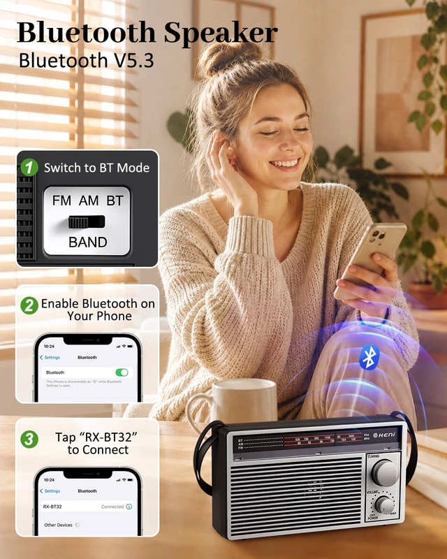 Alt view image 5 of 7 - Portable AM/FM Emergency Radio with Bluetooth, Battery/USB Powered Rechargeable Transistor Radio for Home & Outdoor, Loud Speaker, Strong Reception, Adjustable Shoulder Strap,Gifts for Seniors