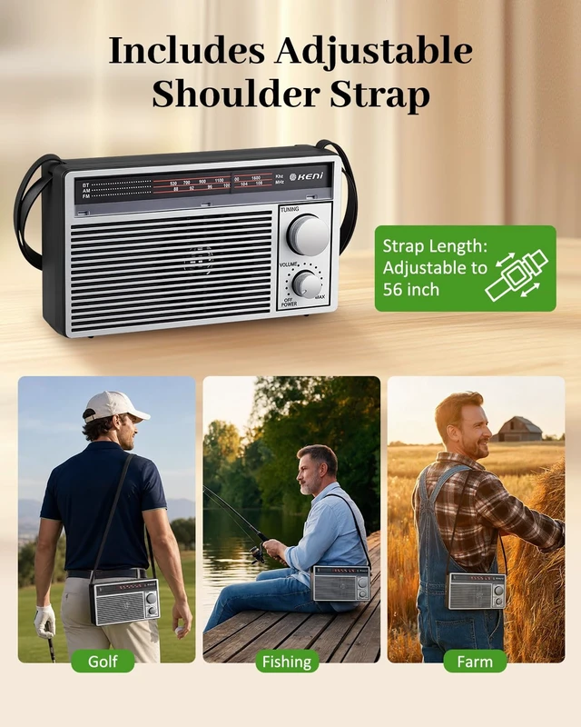 Alt view image 6 of 7 - Portable AM/FM Emergency Radio with Bluetooth, Battery/USB Powered Rechargeable Transistor Radio for Home & Outdoor, Loud Speaker, Strong Reception, Adjustable Shoulder Strap,Gifts for Seniors