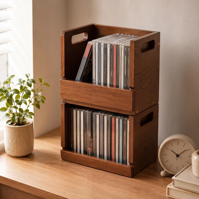 Main image of 2 Set Wooden DVD Storage Box Small Spaces Friendly, Desktop DVD Organizer Holds up to 26 Cases, Compact Media Storage Shelf with Carrying Handle