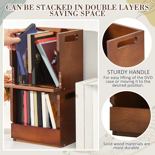 Alt view image 4 of 7 - 2 Set Wooden DVD Storage Box Small Spaces Friendly, Desktop DVD Organizer Holds up to 26 Cases, Compact Media Storage Shelf with Carrying Handle