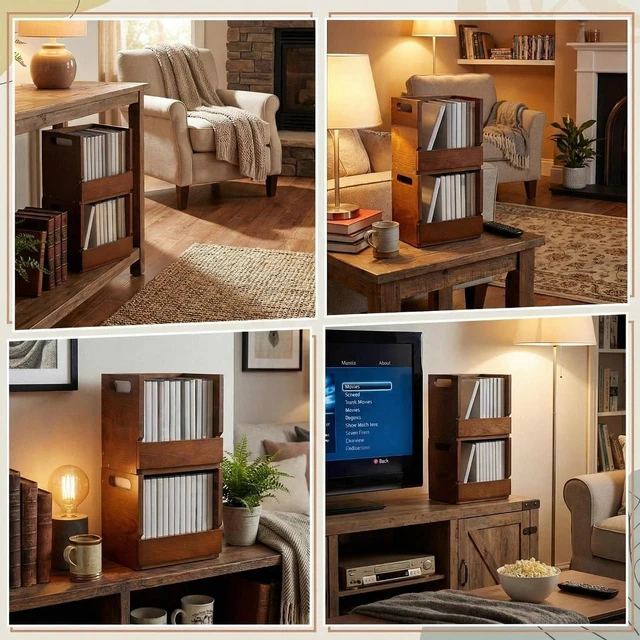 Alt view image 6 of 7 - 2 Set Wooden DVD Storage Box Small Spaces Friendly, Desktop DVD Organizer Holds up to 26 Cases, Compact Media Storage Shelf with Carrying Handle