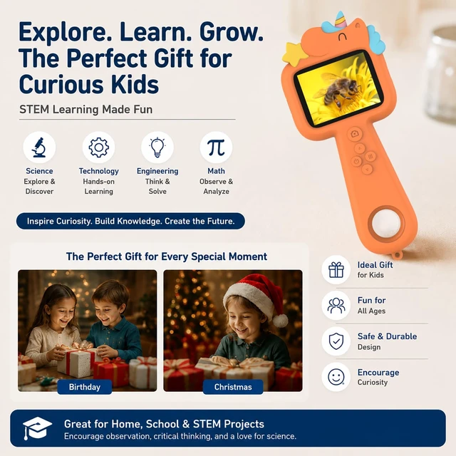 Alt view image 7 of 7 - Kids Microscope Digital Magnifying Glass: STEM Toy Science Gift Ages 4-12 2.4" IPS screen, 600X magnification, 8X digital zoom and 8 adjustable LEDs; handheld science explorer for boys and girls