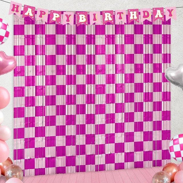 Main image of Preppy Birthday Party Streamers Backdrops Decorations, 4 Pcs Pink Checkered Foil Fringe Curtain Photo Booth Props for Girls Race Car Smiley Face Baby Shower Party Decor Supplies