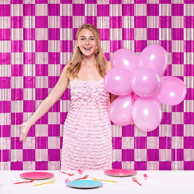 Alt view image 3 of 7 - Preppy Birthday Party Streamers Backdrops Decorations, 4 Pcs Pink Checkered Foil Fringe Curtain Photo Booth Props for Girls Race Car Smiley Face Baby Shower Party Decor Supplies