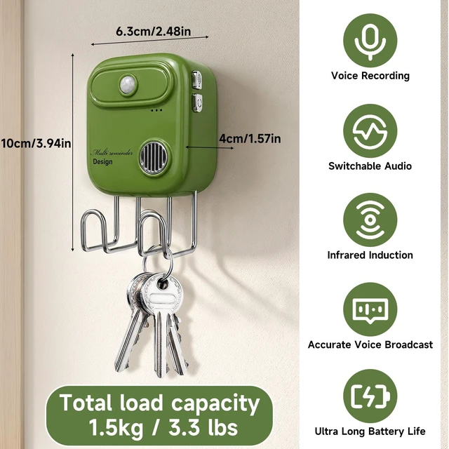 Alt view image 3 of 7 - Door Exit Reminder with Key Holder, Recordable Voice Reminder, Motion-Activated, Wall Mount No WiFi No Drilling, Batteries Not Included-for Seniors Forgetful Adults Parents (Green)