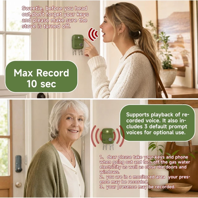 Alt view image 6 of 7 - Door Exit Reminder with Key Holder, Recordable Voice Reminder, Motion-Activated, Wall Mount No WiFi No Drilling, Batteries Not Included-for Seniors Forgetful Adults Parents (Green)