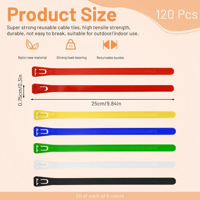 Alt view image 2 of 7 - Reusable Zip Ties 10 Inch, 120pcs Colored Zip Tie Heavy Duty Outdoor Small Cable Ties, Releasable Tie Wraps, Wire Ties Removable for Cord Management (10 Inch)